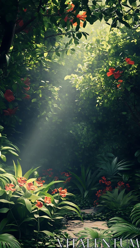 Verdant Cathedral: Where Crimson Blooms Breach the Luminous Canopy