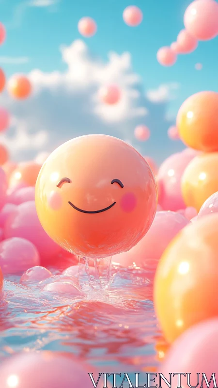 Smiling pastel balloon floats above reflective water pool