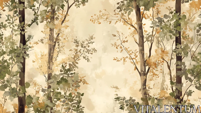 Misty Forest Canopy Rendered in Soft Watercolor Palette