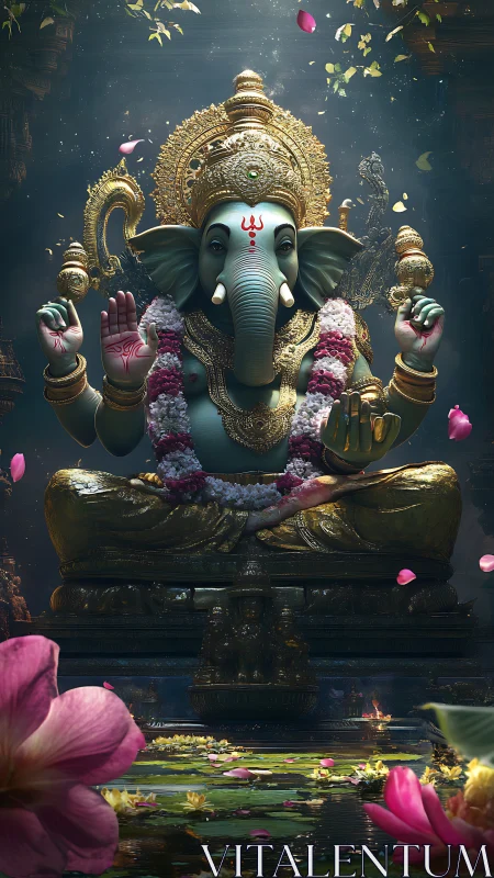 3D rendered Ganesha idol on ornate golden throne with lotus pool