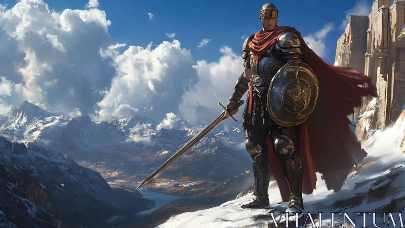 Armored warrior surveys snowy mountain valley from cliff edge