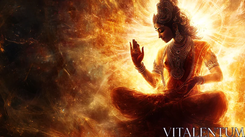 Radiant goddess in fiery meditation amid cosmic energy.