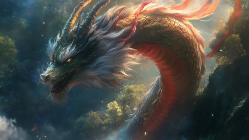 Gentle sky serpent gliding through a sunlit forest dream.