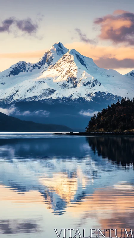 Snowcapped mountain peak mirrored in calm reflective lake.