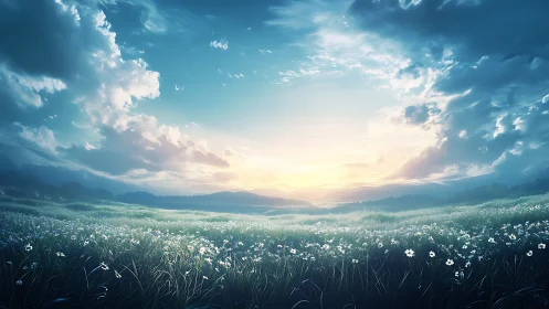 Luminous dawn over wildflower meadow under sweeping sky.