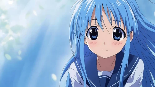 Blue haired schoolgirl under soft dappled sky light.