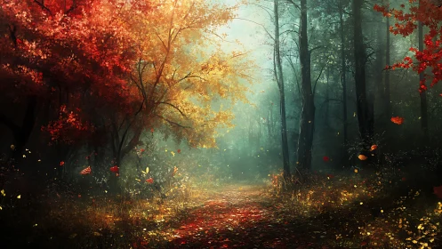 Autumn Forest Path with Luminous Foliage and Mist.