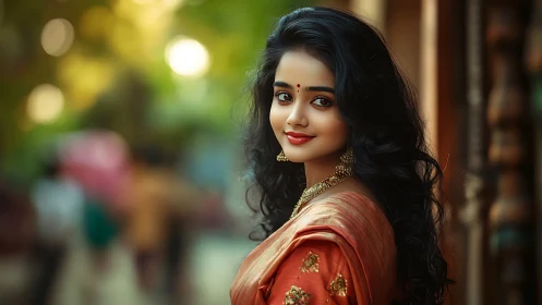 Elegant Indian Woman in Traditional Saree with Soft Bokeh Background.