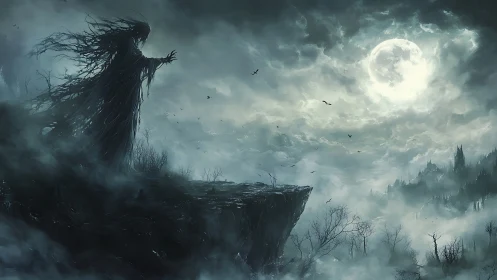 Tall wraithlike figure stands on foggy cliff under full moon