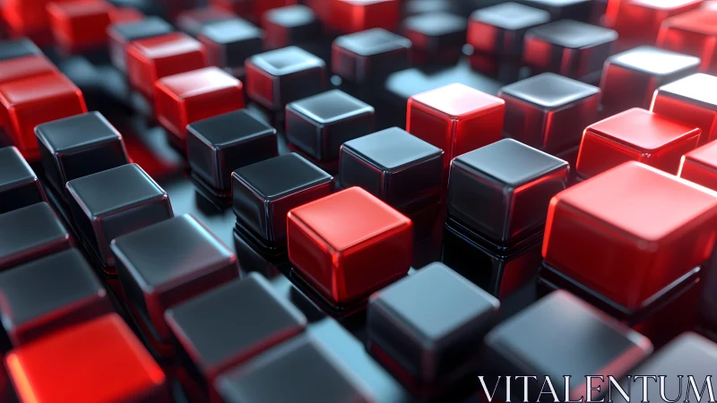 Glossy red and black cubes creating a friendly tech rhythm.