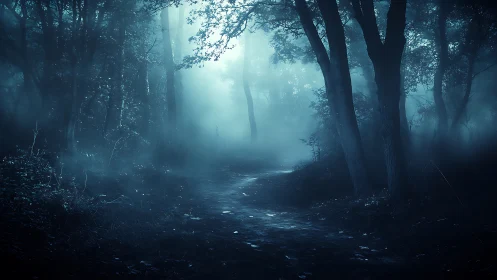 Atmospheric forest path with volumetric light rays traversing misty woodland environment