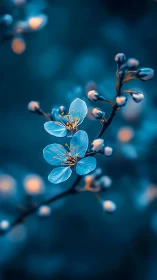 Blue flowering branch with bokeh background and warm stamen detail