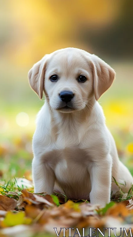 Photorealistic Labrador puppy portrait in autumn soft focus.