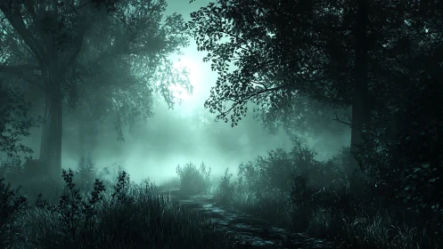 Misty Forest Path Through Glowing Woodland.