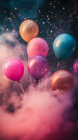 Colorful Balloons in Colored Smoke Against Dark Sky