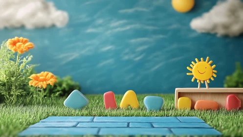 Colorful clay landscape diorama with smiling sun and flowers