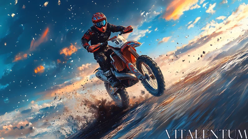 Sky-slasher dirt biker carving sparks through sunset spray.