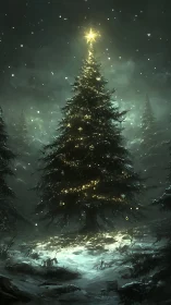 Starlit forest Christmas tree glowing in a snowy night.
