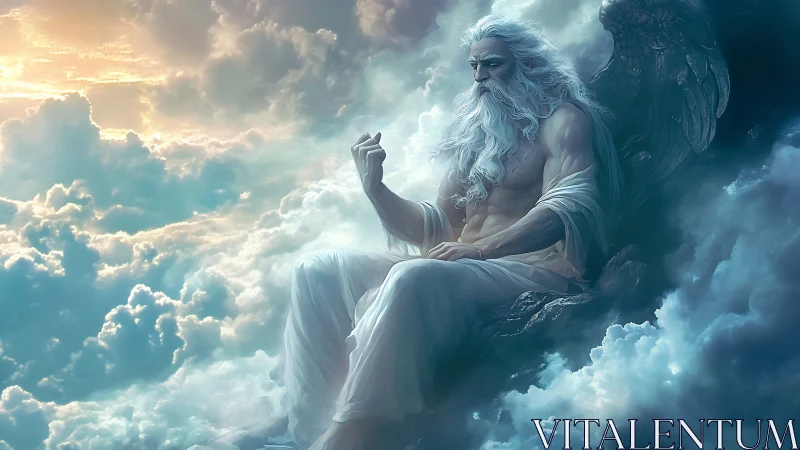 Majestic bearded godlike figure seated in glowing clouds.