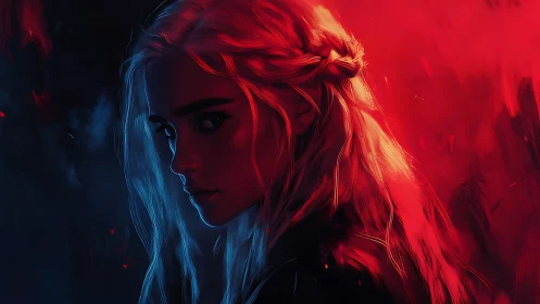 Dual-tone portrait renders a braided woman in cinematic light