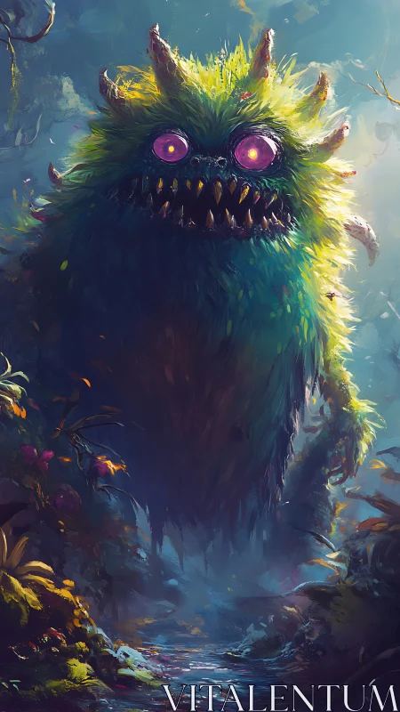 Bioluminescent forest monster hovering above misty creek.