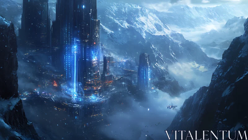 Frozen mountain megacity glows with neon sci-fi energy.