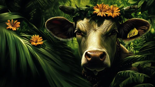 Cow head with flower crown framed by dense jungle foliage