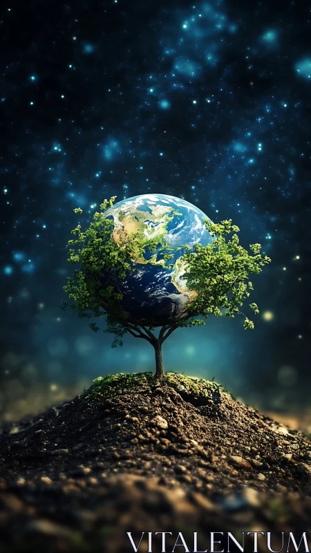 Planet-tree sapling cradling Earth under glittering cosmos.