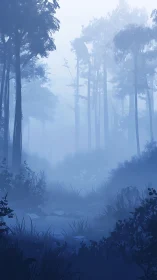 Tall coniferous forest with volumetric atmospheric rendering and mist diffusion effects