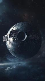 Massive spherical space station floating in deep space.