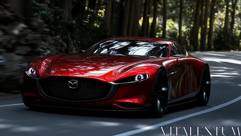 Red Mazda concept sports car races through shaded forest road