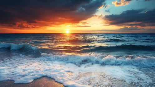 Gentle ocean waves welcome the day with glowing sunrise light.