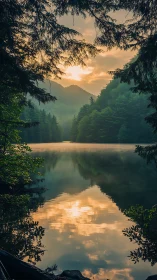 Sunrise reflects across misted forest lake between peaks
