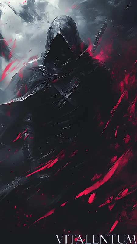 Hooded shadow assassin in crimson storm-lit abstraction.