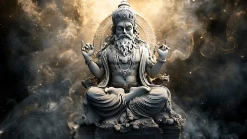 Divine stone deity in swirling cosmic smoke illumination.