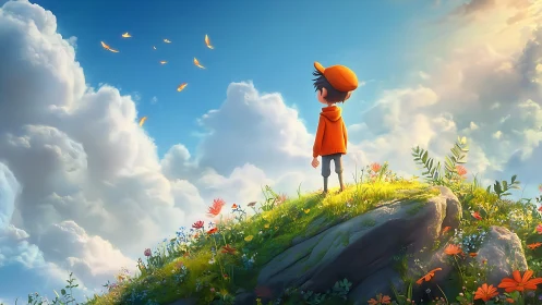 Daydreaming boy crowns a sunlit hill beneath drifting petals