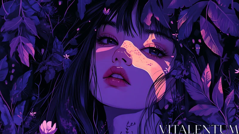 Neon-lit forest muse bathed in violet and magenta shadows.