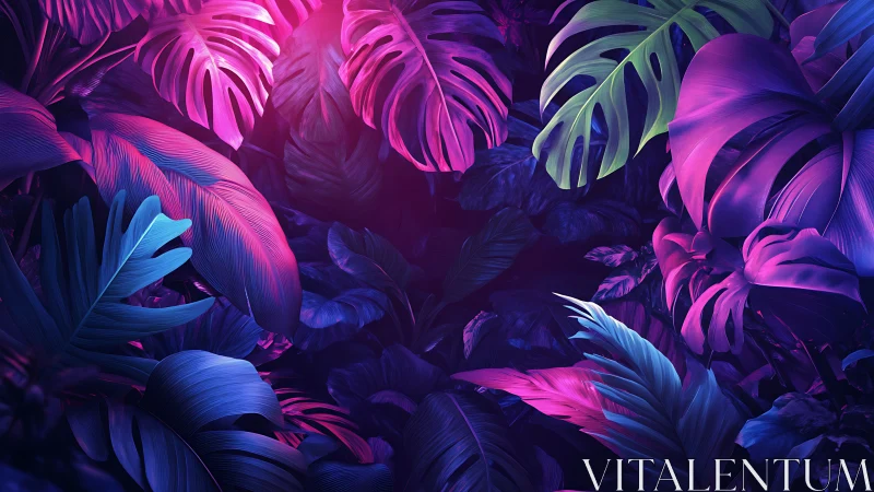 Neon tropical leaves in bold pink, purple, and blue light.