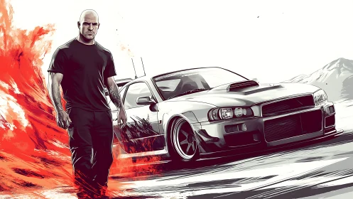 Aggressive tuner coupe rendered with dynamic driver in stylized motion