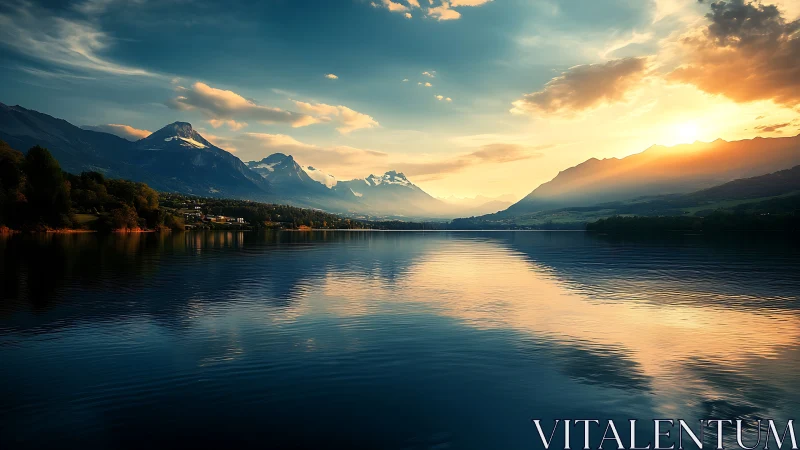 Alpine lake sunset with axial reflection and volumetric light.