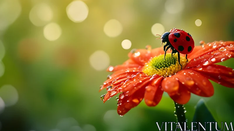 Ladybug on dewy orange flower with soft bokeh background.
