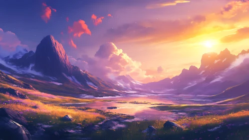 Sunlit mountain valley landscape shows reflective lake basin