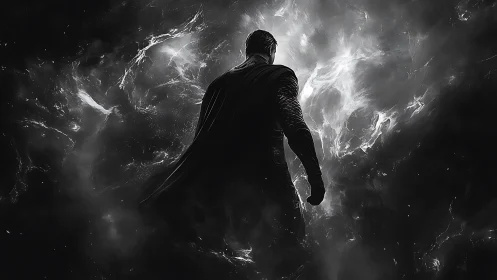 Shadowed hero stands strong against swirling cosmic storm