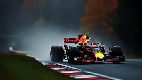 Rain-slicing Formula racer streaking through misted asphalt.
