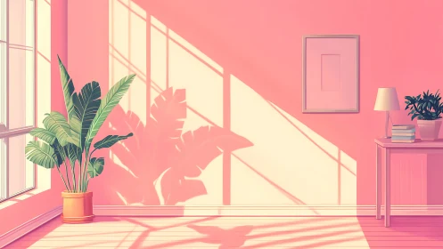 Sunlit pink room welcomes calm with plants and soft shadows