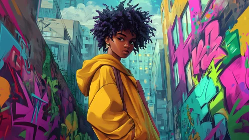Urban alley portrait with neon graffiti and yellow hoodie.