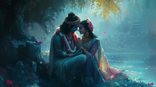 Divine Romance: Digital Painting of Lovers in Ethereal Temple Setting.