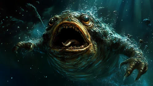 Ferocious deep sea monster lunging through dark water.