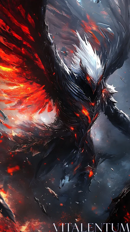 Volcanic-winged dark entity emerges amid fragmented embers