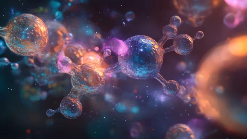 Glowing molecular clusters rendered as translucent 3D volumetric structures